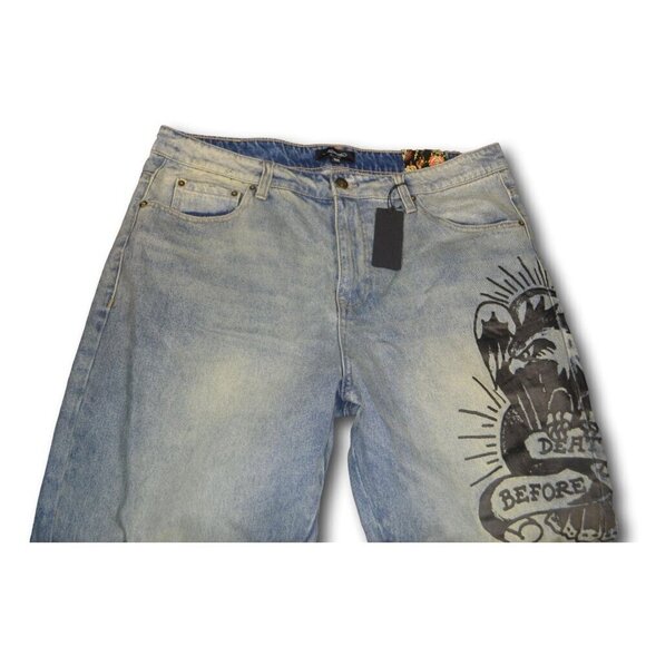 Men's Ed Hardy Death Before Dishonor Distressed Graphic Denim Jeans 38 Y2K NWT - Picture 1 of 6